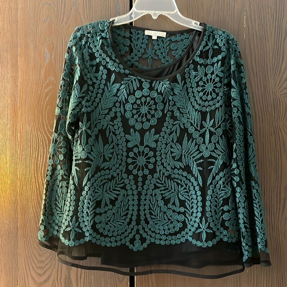 Joan Vass New York black net, Emerald green embroidered long sleeved top. Size L